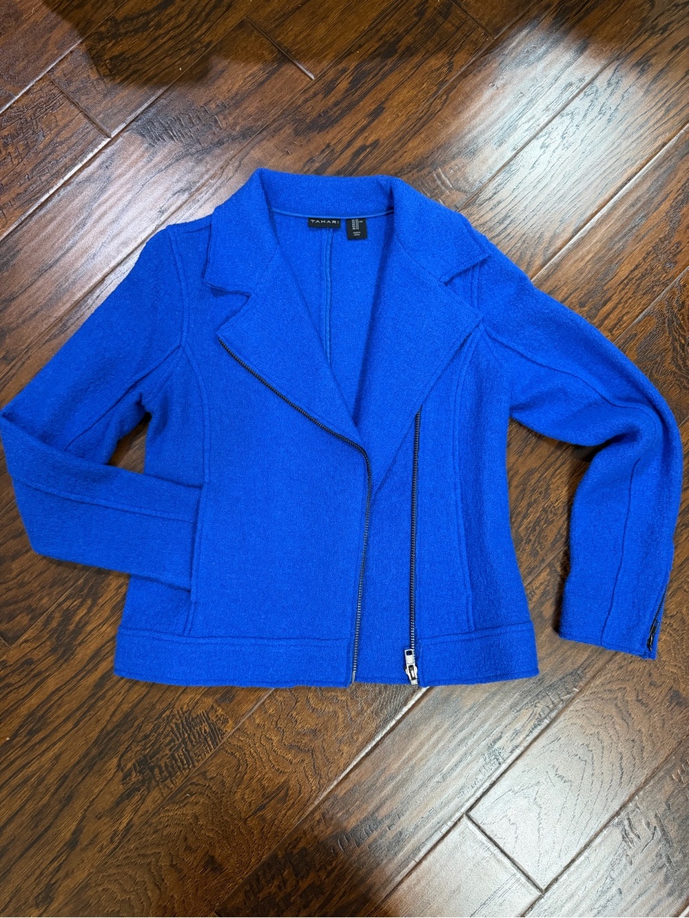 Tahari Cobalt Blue Boiled Wool Jacket with Asymmetrical Zipper Size XS